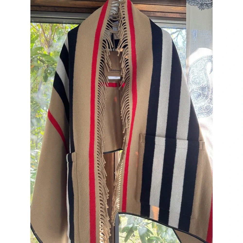 Burberry Fringe Cape Poncho Wrap Shawl pockets stripes archive beige wool NEW